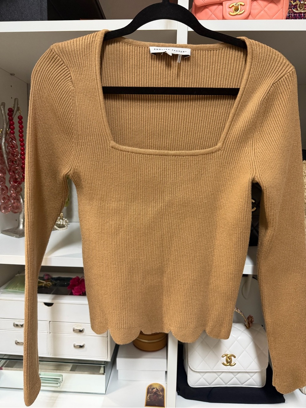 English Factory Camel Ribbed Square Neck Long Sleeve Top